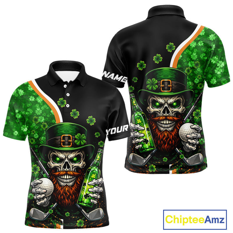Green shamrock pattern St Patrick Skull Golf and Beer Polo shirts Custom golf tops