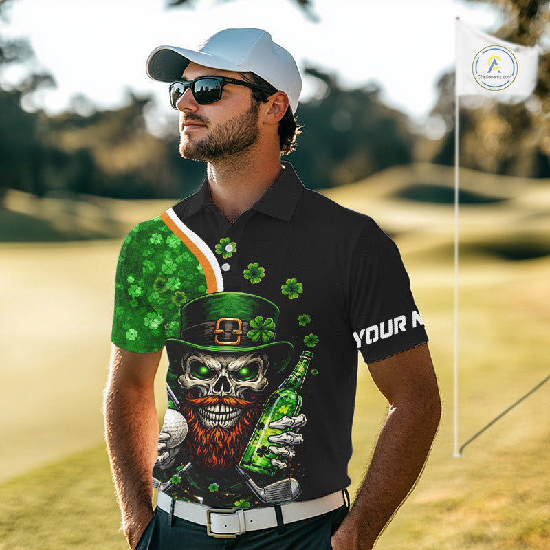Green shamrock pattern St Patrick Skull Golf and Beer Polo shirts Custom golf tops