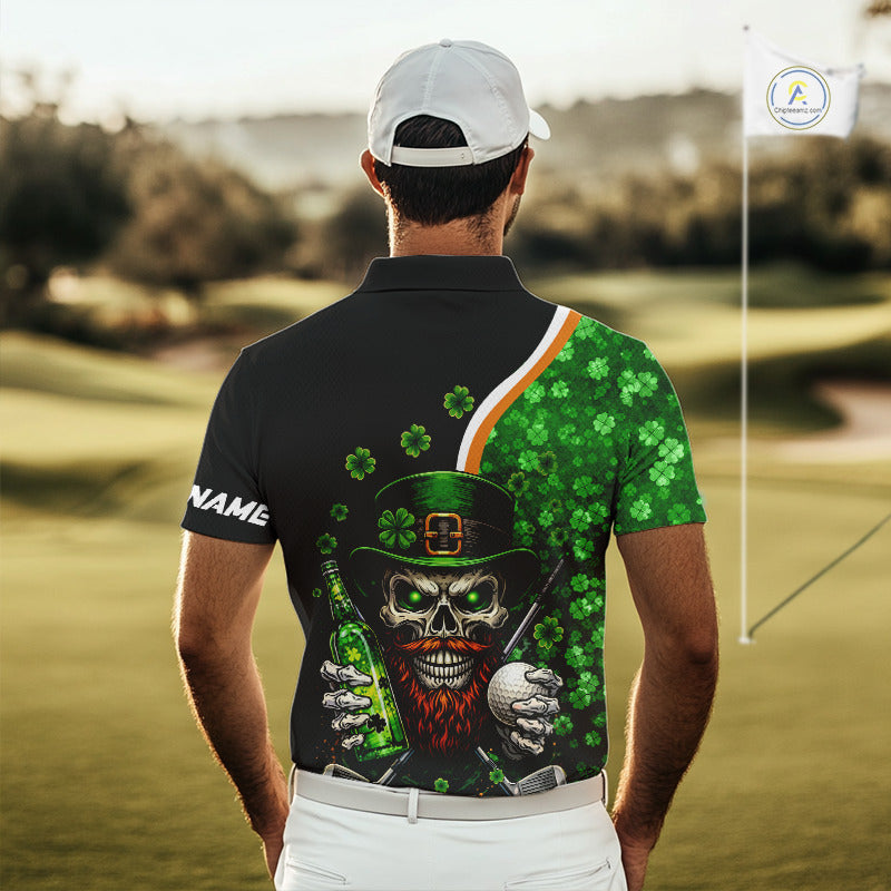 Green shamrock pattern St Patrick Skull Golf and Beer Polo shirts Custom golf tops