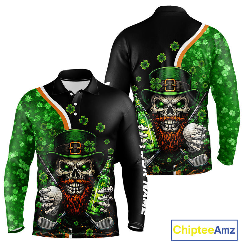 Green shamrock pattern St Patrick Skull Golf and Beer Polo shirts Custom golf tops