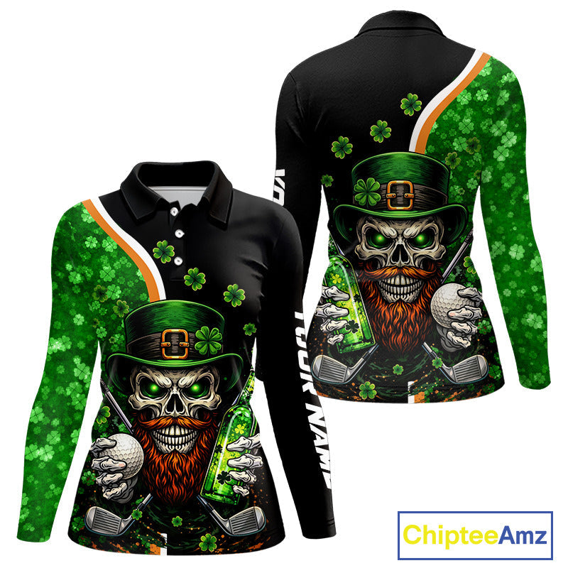 Green shamrock pattern St Patrick Skull Golf and Beer Polo shirts Custom golf tops