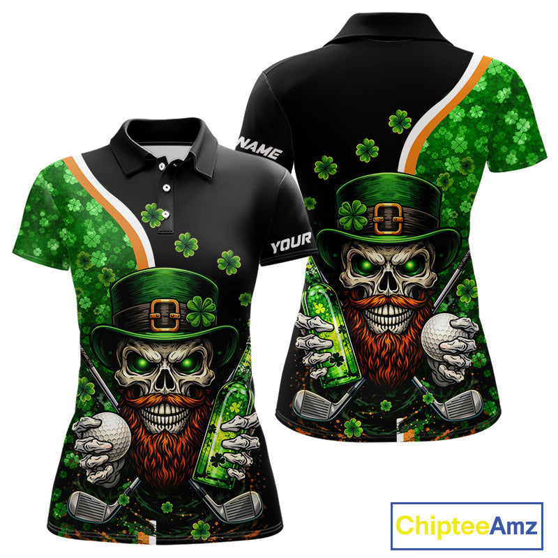 Green shamrock pattern St Patrick Skull Golf and Beer Polo shirts Custom golf tops
