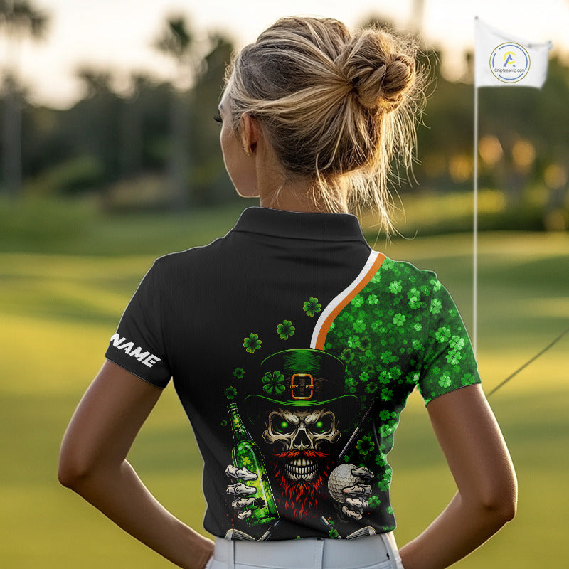 Green shamrock pattern St Patrick Skull Golf and Beer Polo shirts Custom golf tops