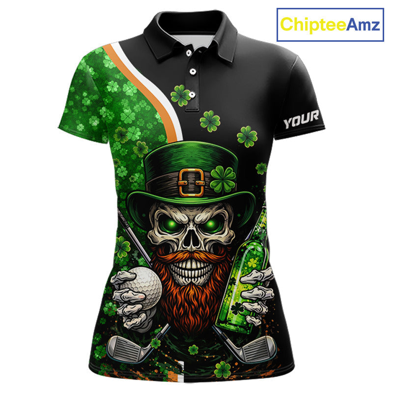 Green shamrock pattern St Patrick Skull Golf and Beer Polo shirts Custom golf tops