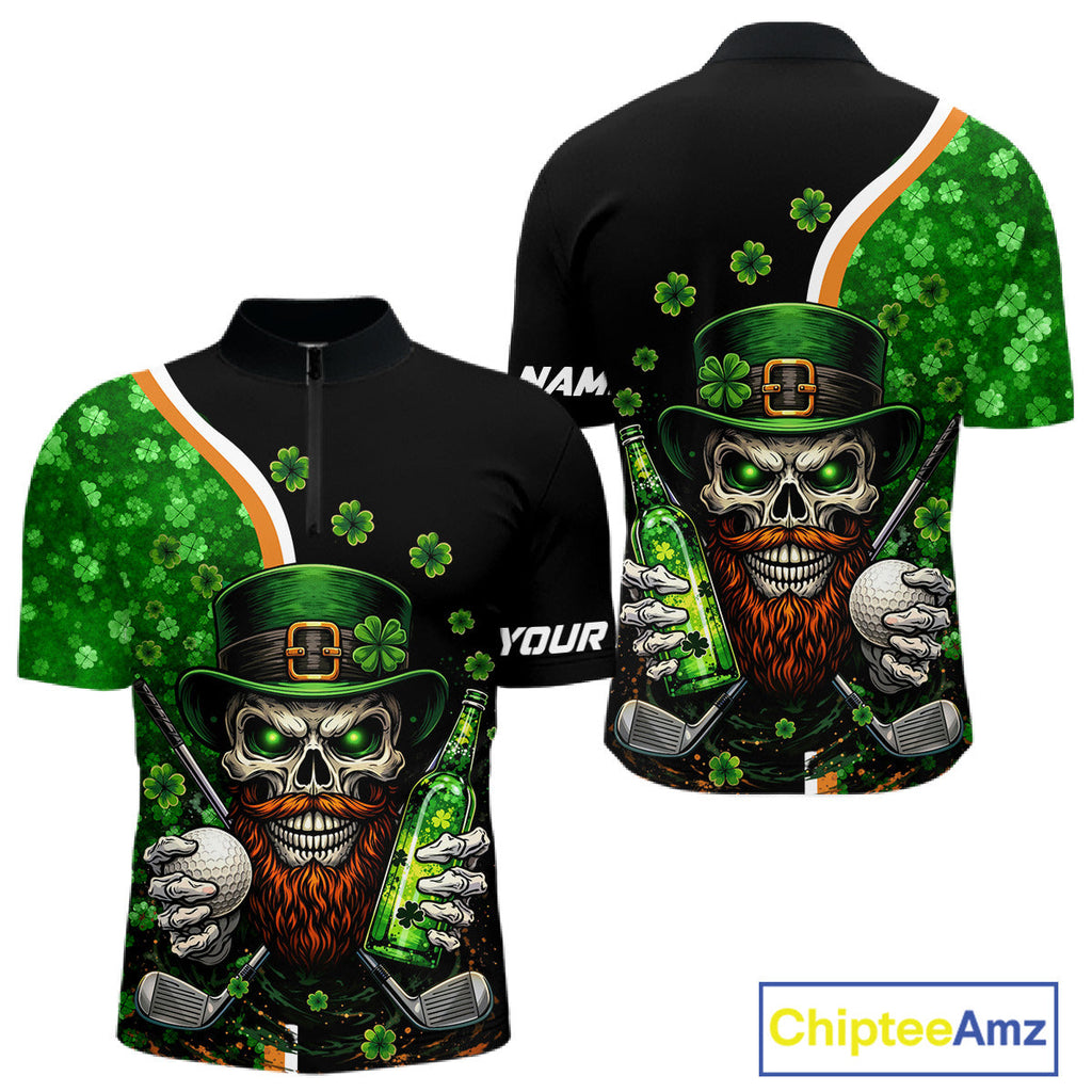 Green shamrock pattern St Patrick Skull Golf and Beer Polo shirts Custom golf tops