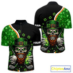 Green shamrock pattern St Patrick Skull Golf and Beer Polo shirts Custom golf tops