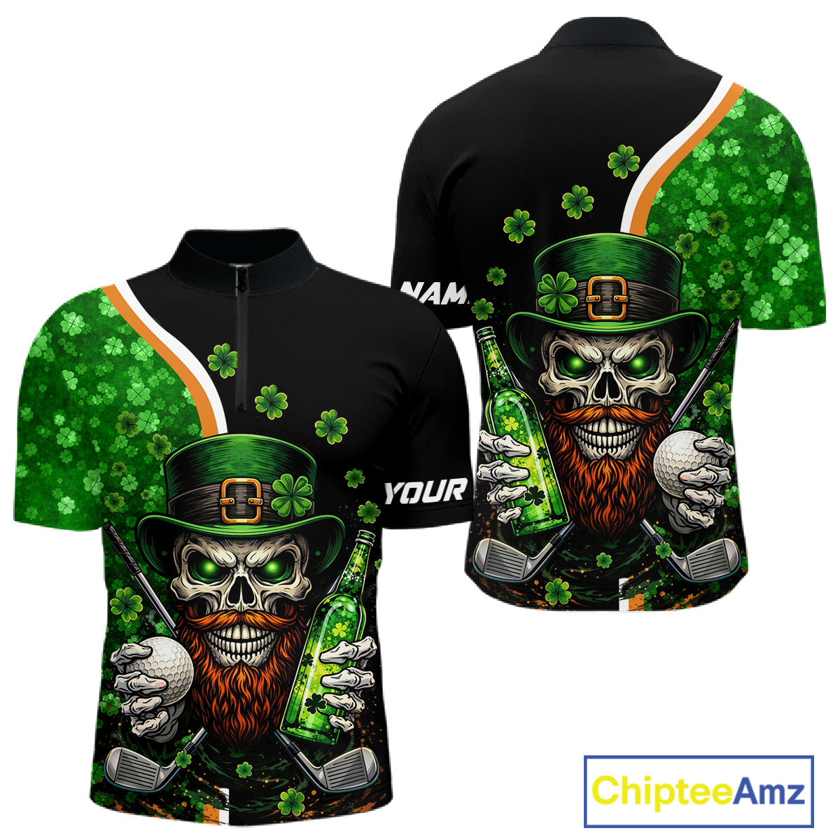 Green shamrock pattern St Patrick Skull Golf and Beer Polo shirts Custom golf tops