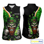 Green shamrock pattern St Patrick Skull Golf and Beer Sleeveless golf tops Custom golf outfit