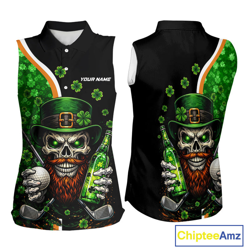 Green shamrock pattern St Patrick Skull Golf and Beer Sleeveless golf tops Custom golf outfit