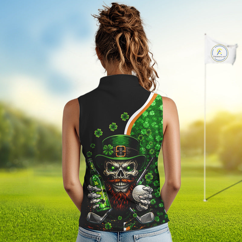 Green shamrock pattern St Patrick Skull Golf and Beer Sleeveless golf tops Custom golf outfit