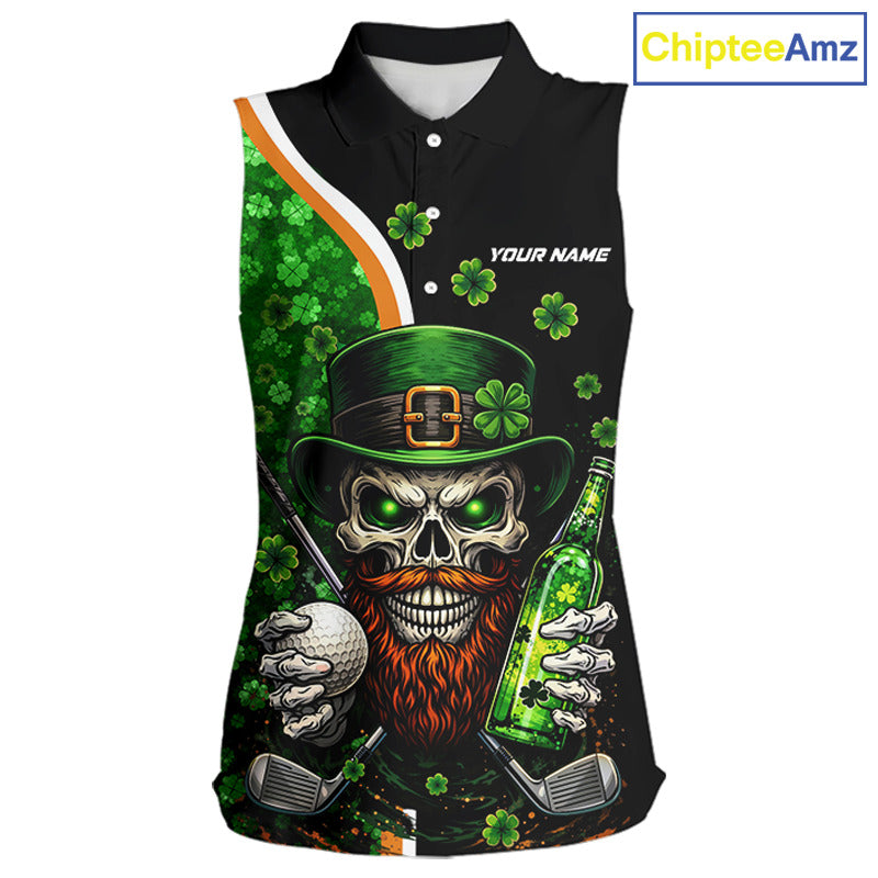 Green shamrock pattern St Patrick Skull Golf and Beer Sleeveless golf tops Custom golf outfit