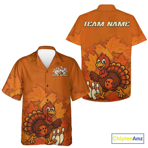 Orange Autumn pattern Custom Turkey Bowling Hawaiian Shirt, Thanksgiving Bowling Team Jerseys