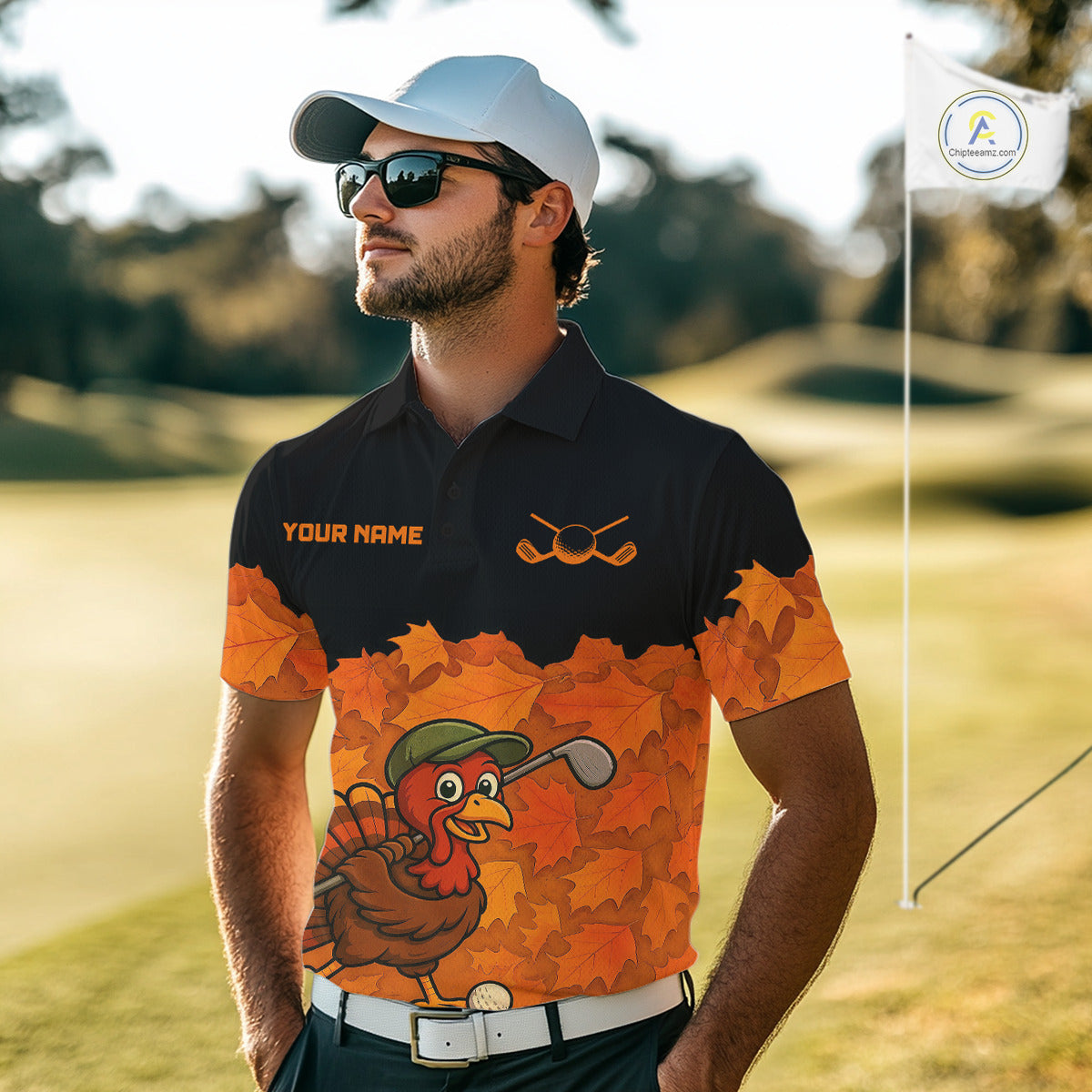 Black and Orange Autumn Leaf Custom Turkey Golf Polo Shirt, Thanksgiving Golf Attire