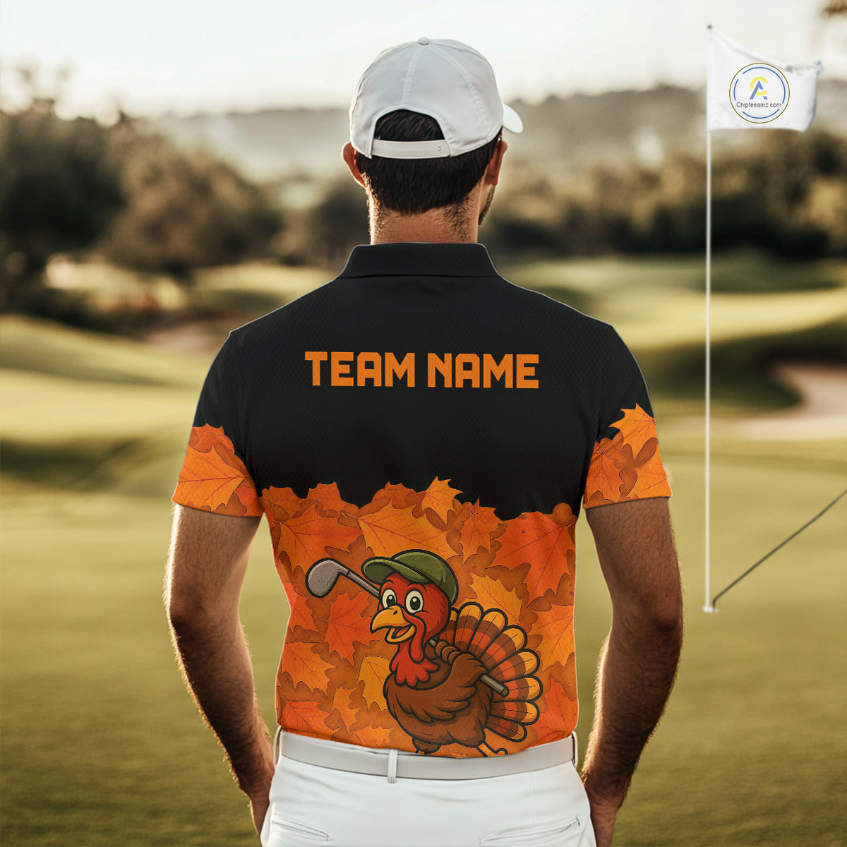Black and Orange Autumn Leaf Custom Turkey Golf Polo Shirt, Thanksgiving Golf Attire