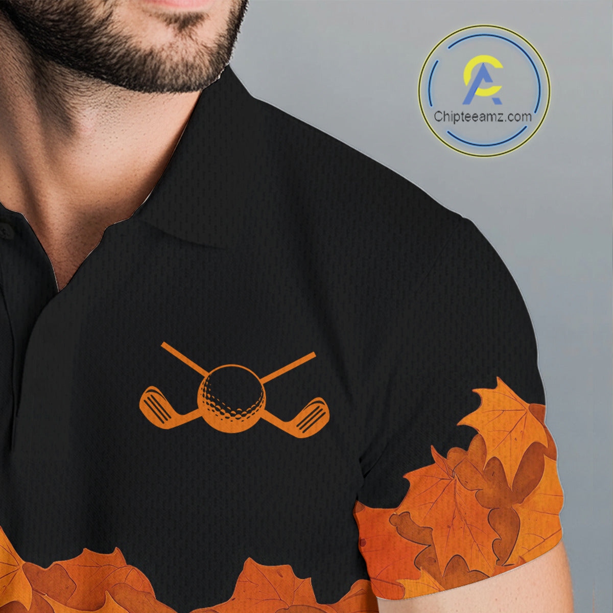 Black and Orange Autumn Leaf Custom Turkey Golf Polo Shirt, Thanksgiving Golf Attire