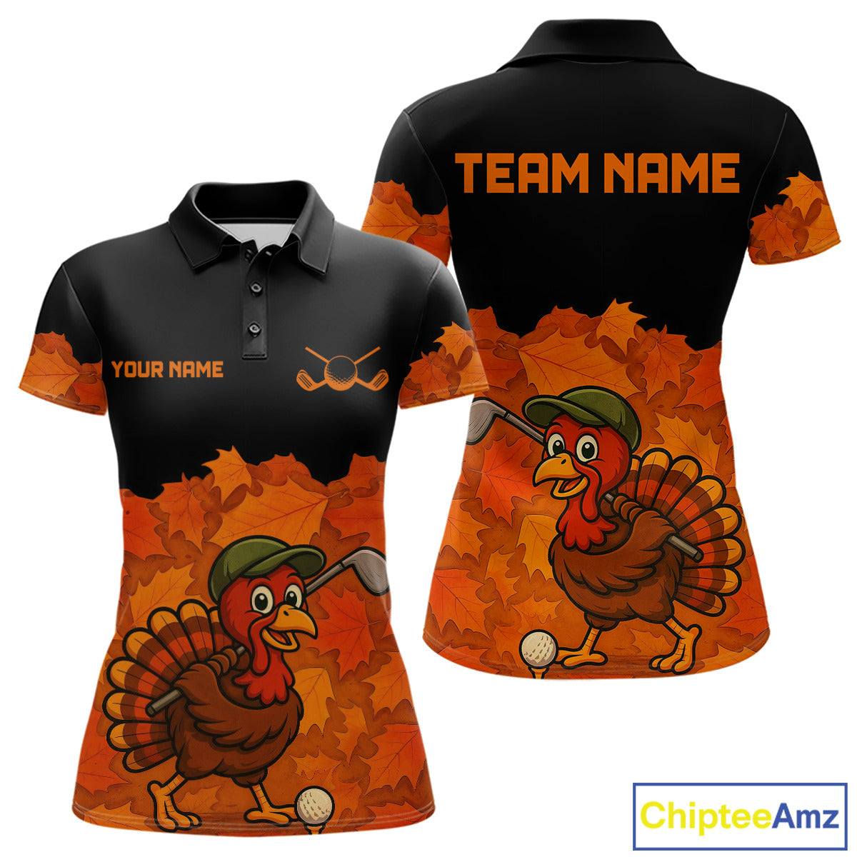 Black and Orange Autumn Leaf Custom Turkey Golf Polo Shirt, Thanksgiving Golf Attire