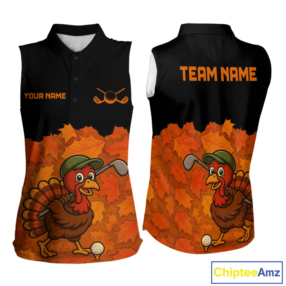 Black and Orange Autumn Leaf Custom Turkey Sleeveless Golf Polo Shirt, Thanksgiving Golf Attire