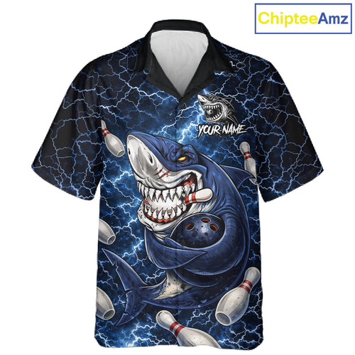 Blue Lightning Thunder Angry Shark Bowling button-up shirts Custom Shark Hawaiian Bowling Team Jersey