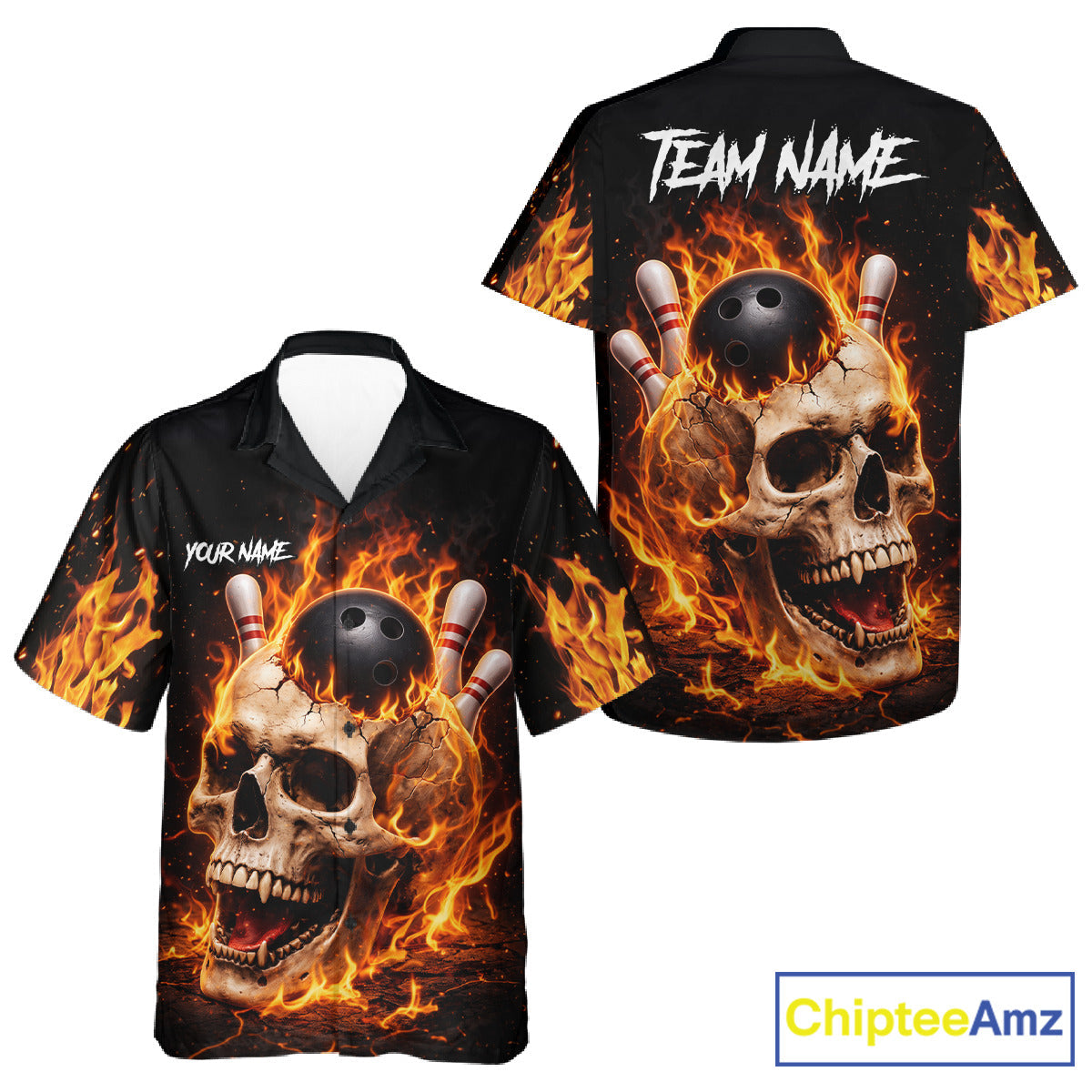 Flame Skull Bowling button-up shirts custom Skull team Bowling uniforms league jerseys