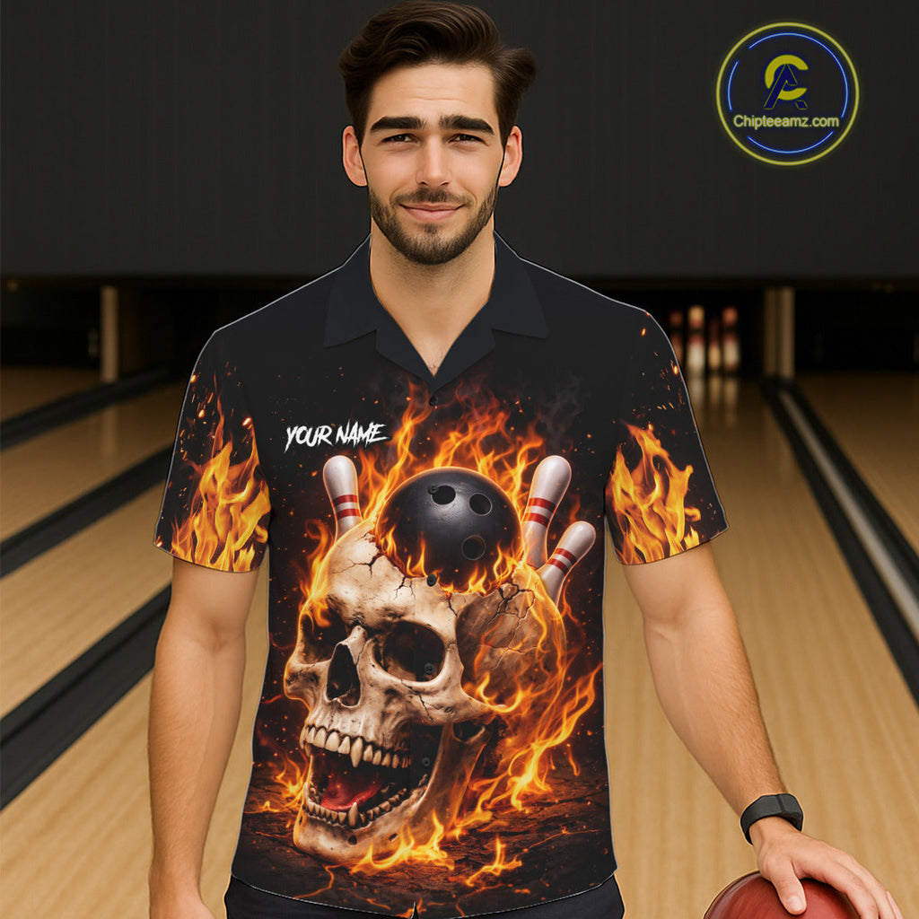 Flame Skull Bowling button-up shirts custom Skull team Bowling uniforms league jerseys
