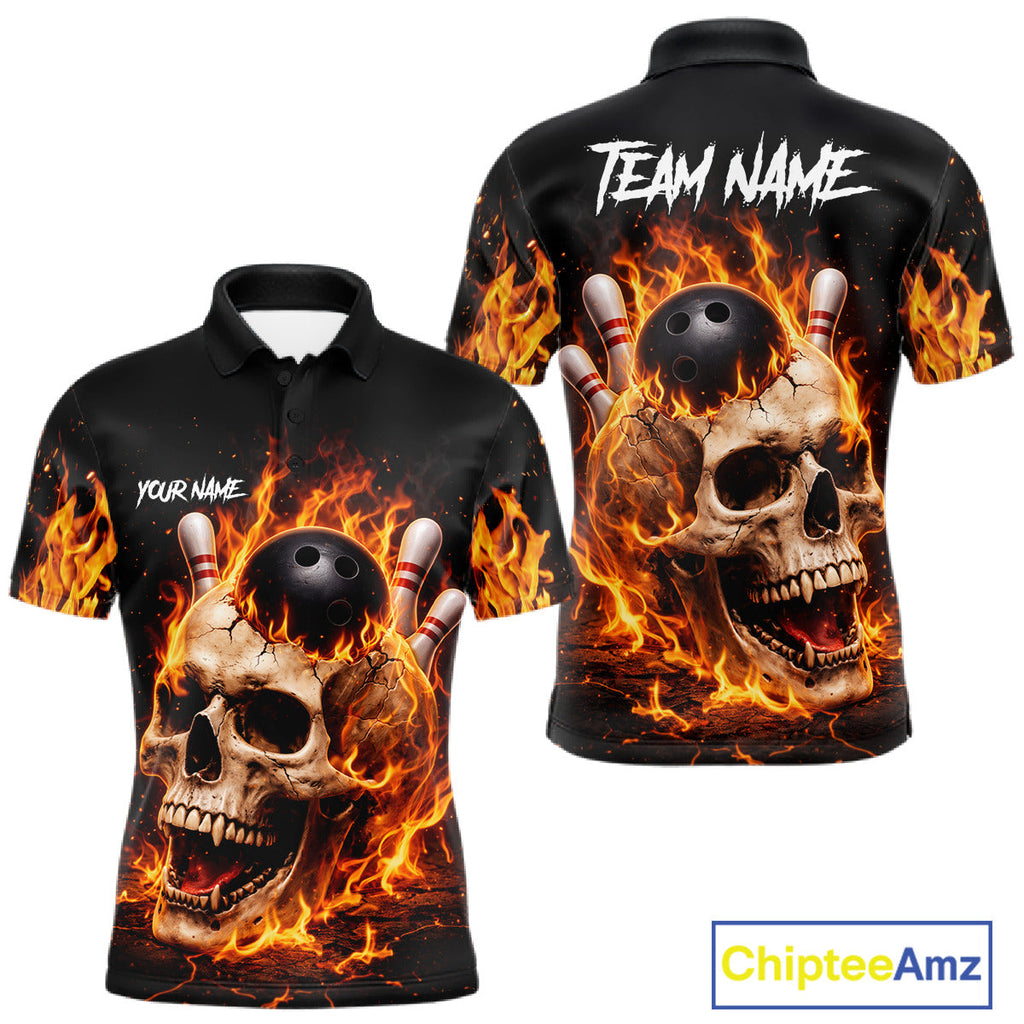 Flame Skull Bowling Polo, 1/4 zip shirts custom Skull team Bowling uniforms league jerseys