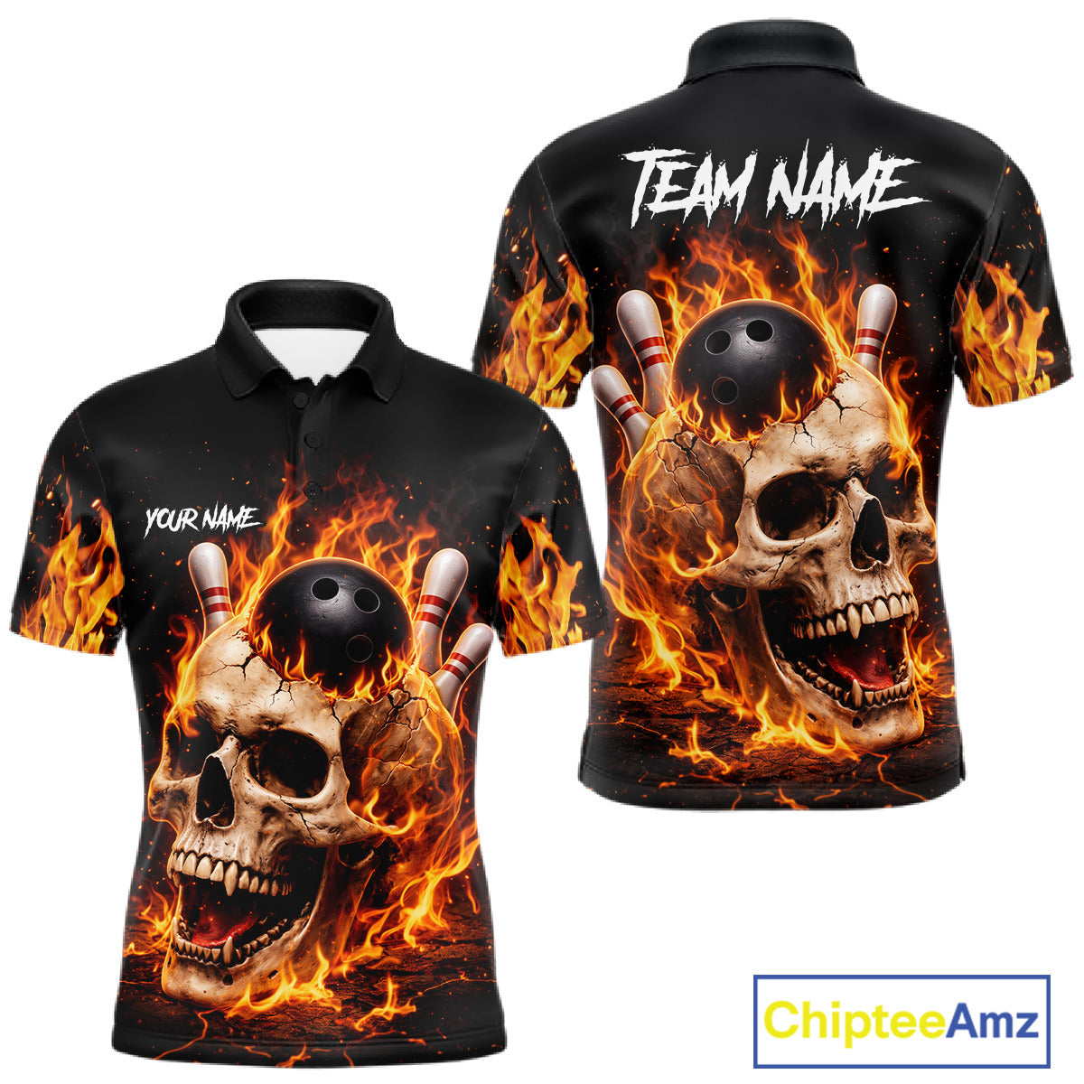 Flame Skull Bowling Polo, 1/4 zip shirts custom Skull team Bowling uniforms league jerseys