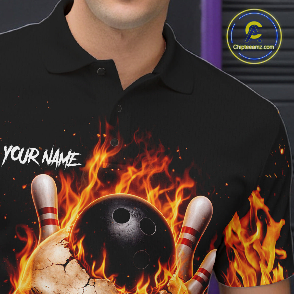 Flame Skull Bowling Polo, 1/4 zip shirts custom Skull team Bowling uniforms league jerseys