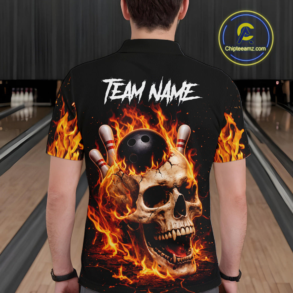 Flame Skull Bowling Polo, 1/4 zip shirts custom Skull team Bowling uniforms league jerseys