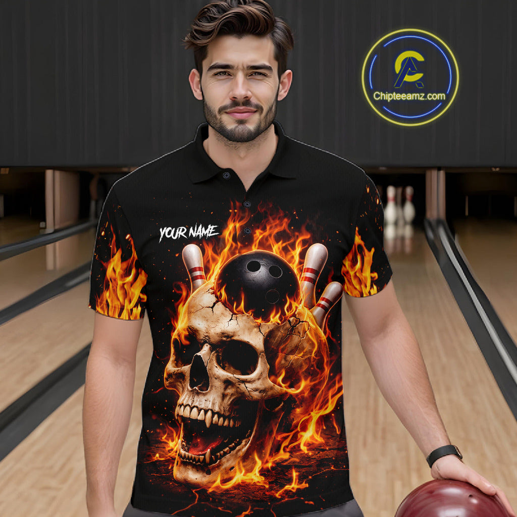 Flame Skull Bowling Polo, 1/4 zip shirts custom Skull team Bowling uniforms league jerseys