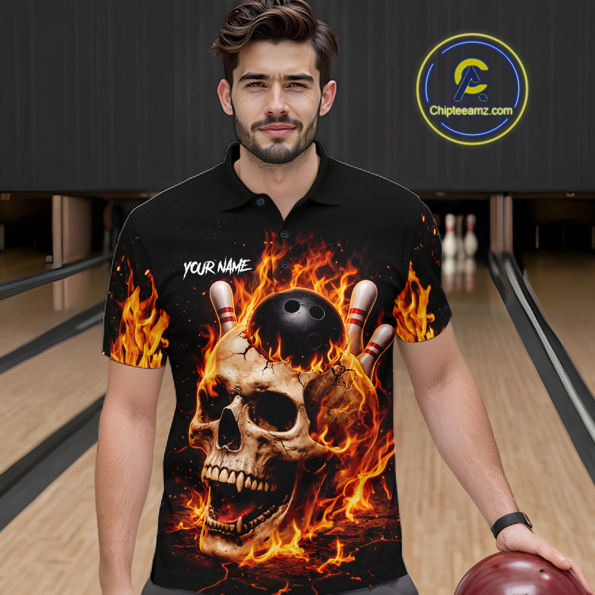Flame Skull Bowling Polo, 1/4 zip shirts custom Skull team Bowling uniforms league jerseys