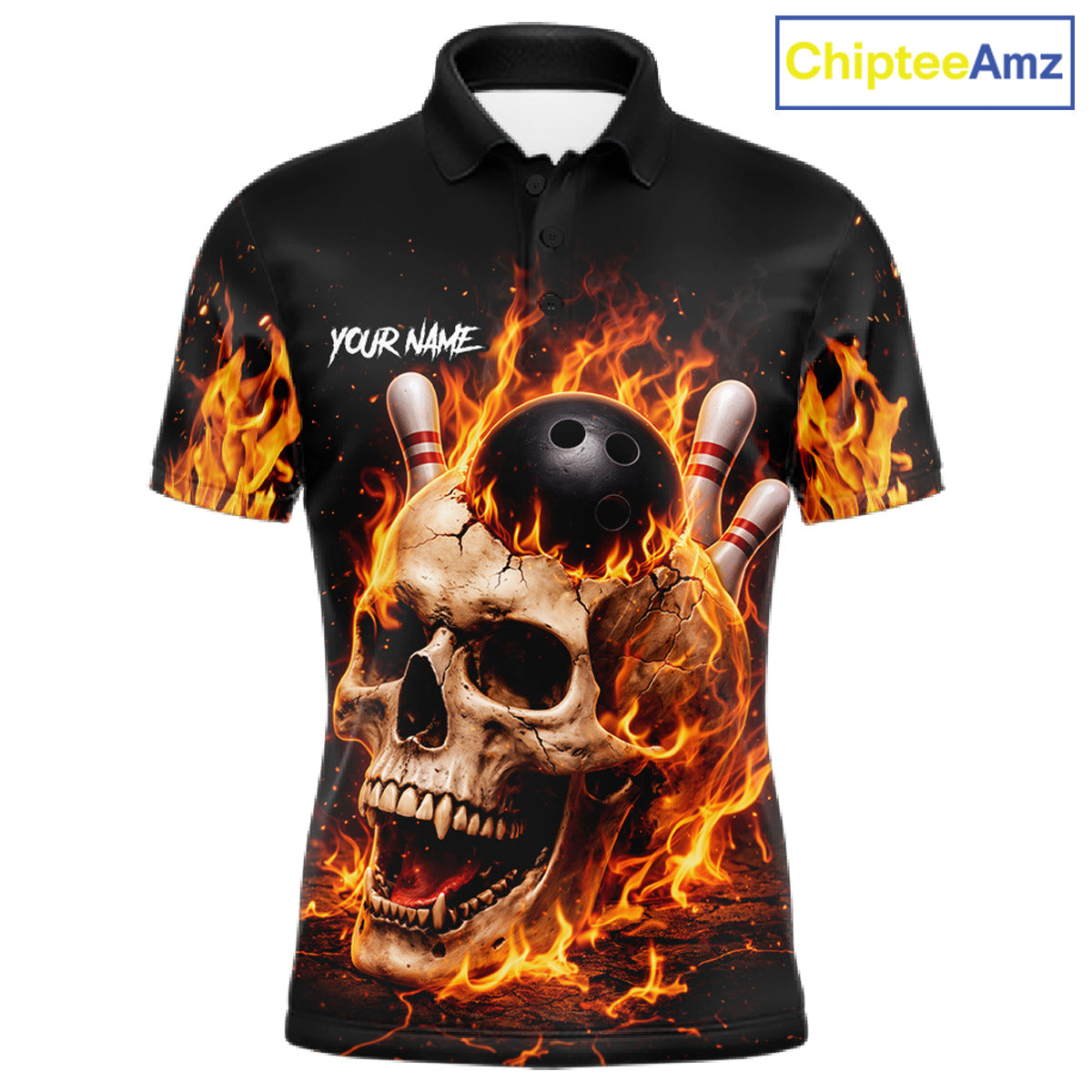 Flame Skull Bowling Polo, 1/4 zip shirts custom Skull team Bowling uniforms league jerseys