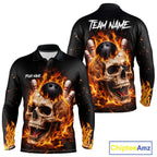 Flame Skull Bowling Polo, 1/4 zip shirts custom Skull team Bowling uniforms league jerseys