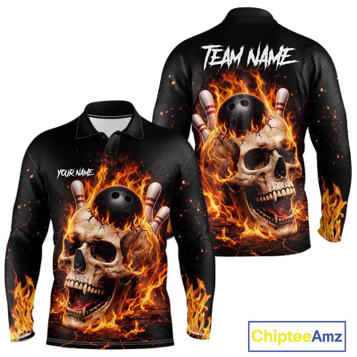 Flame Skull Bowling Polo, 1/4 zip shirts custom Skull team Bowling uniforms league jerseys