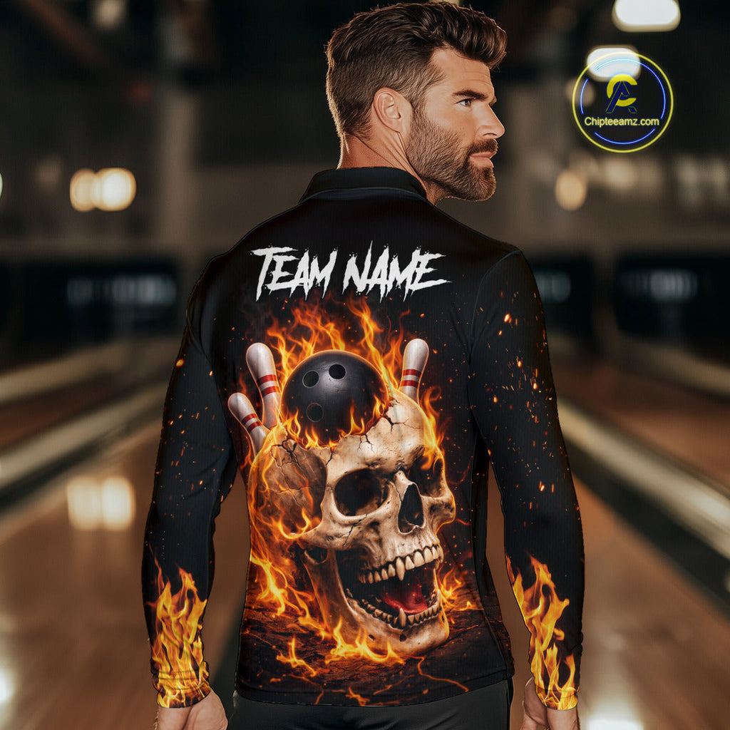 Flame Skull Bowling Polo, 1/4 zip shirts custom Skull team Bowling uniforms league jerseys