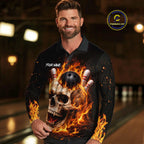 Flame Skull Bowling Polo, 1/4 zip shirts custom Skull team Bowling uniforms league jerseys