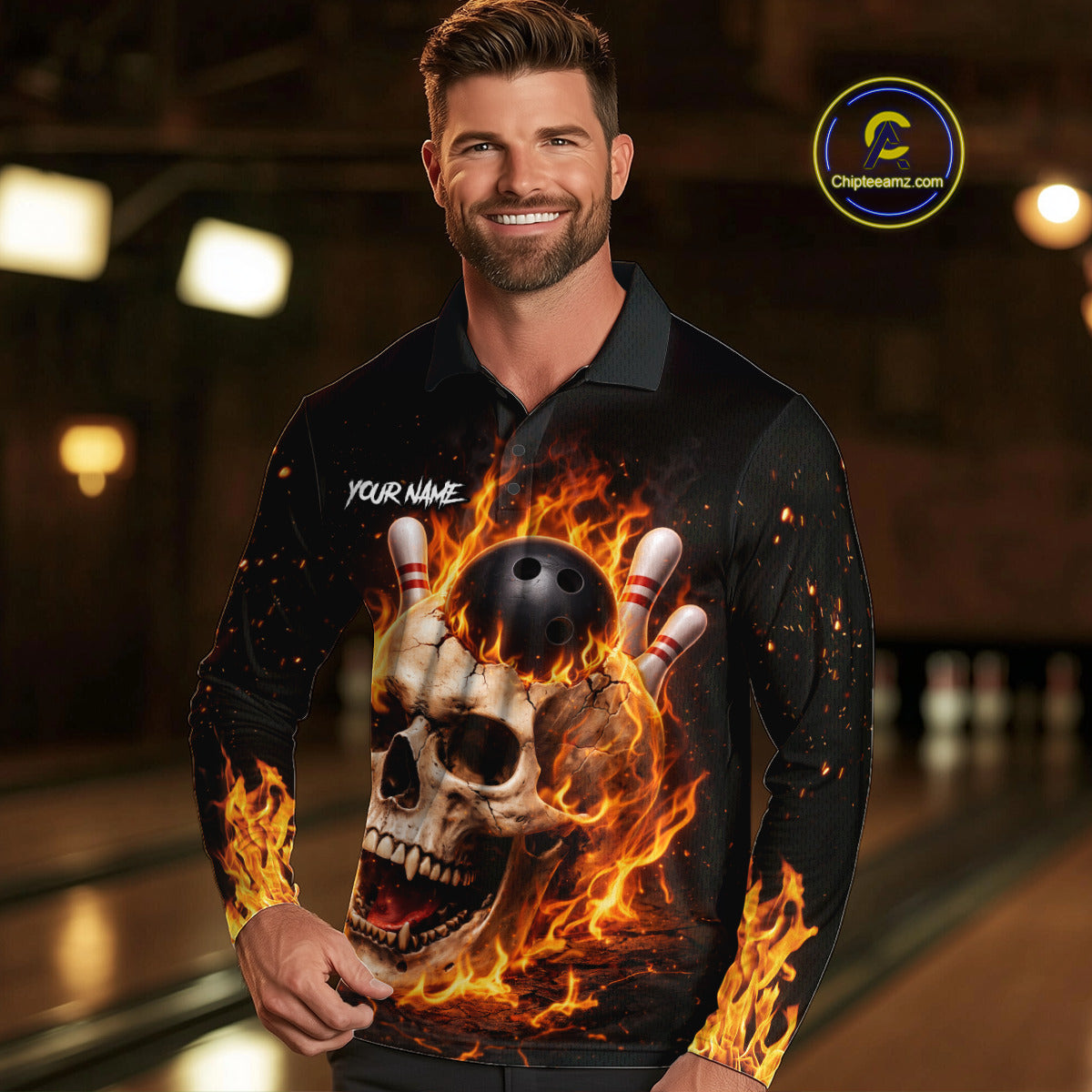 Flame Skull Bowling Polo, 1/4 zip shirts custom Skull team Bowling uniforms league jerseys