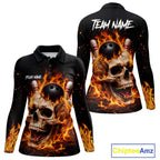 Flame Skull Bowling Polo, 1/4 zip shirts custom Skull team Bowling uniforms league jerseys