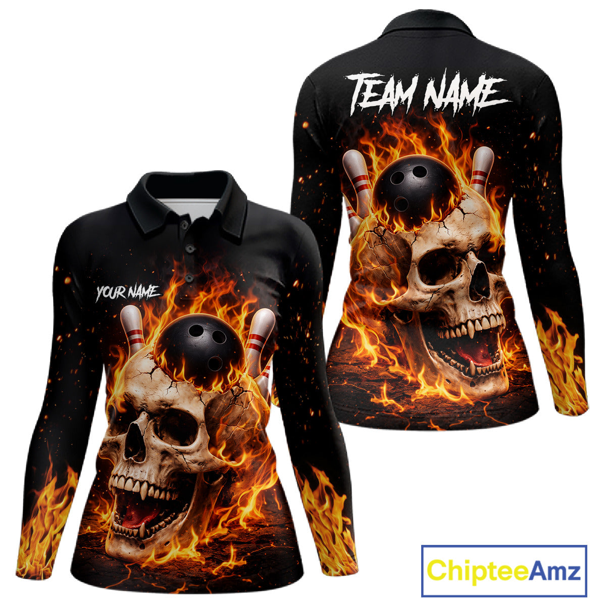 Flame Skull Bowling Polo, 1/4 zip shirts custom Skull team Bowling uniforms league jerseys