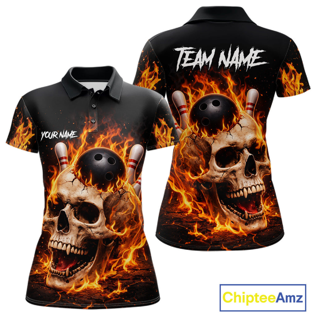 Flame Skull Bowling Polo, 1/4 zip shirts custom Skull team Bowling uniforms league jerseys