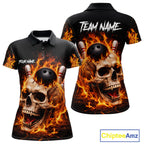 Flame Skull Bowling Polo, 1/4 zip shirts custom Skull team Bowling uniforms league jerseys