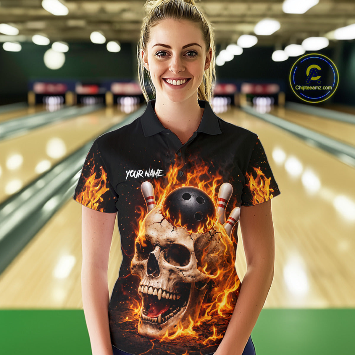 Flame Skull Bowling Polo, 1/4 zip shirts custom Skull team Bowling uniforms league jerseys