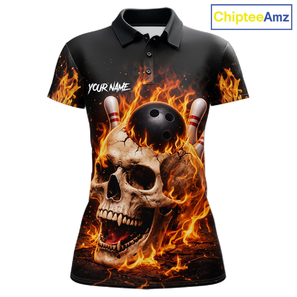Flame Skull Bowling Polo, 1/4 zip shirts custom Skull team Bowling uniforms league jerseys