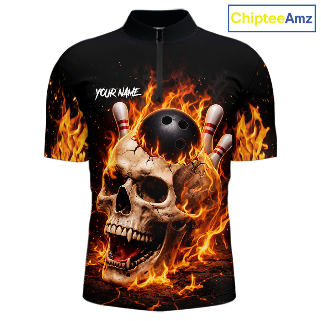 Flame Skull Bowling Polo, 1/4 zip shirts custom Skull team Bowling uniforms league jerseys