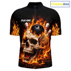 Flame Skull Bowling Polo, 1/4 zip shirts custom Skull team Bowling uniforms league jerseys