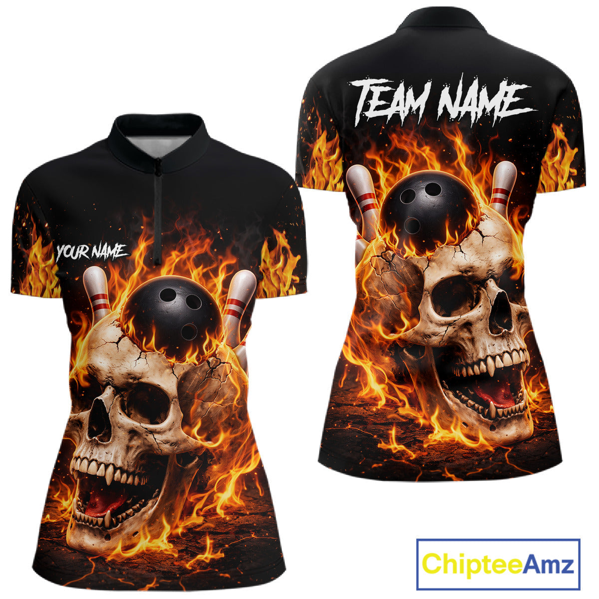 Flame Skull Bowling Polo, 1/4 zip shirts custom Skull team Bowling uniforms league jerseys