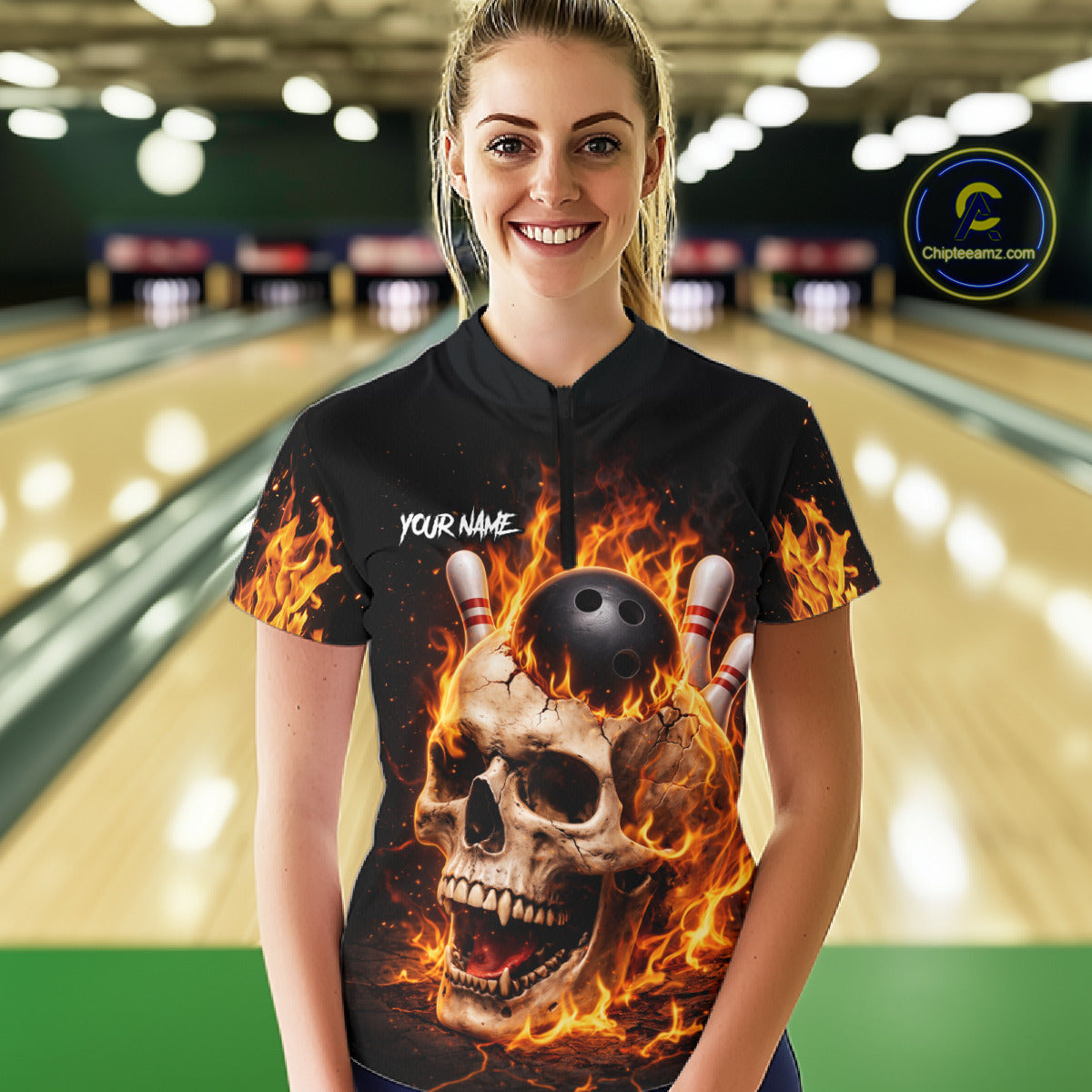 Flame Skull Bowling Polo, 1/4 zip shirts custom Skull team Bowling uniforms league jerseys