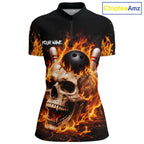 Flame Skull Bowling Polo, 1/4 zip shirts custom Skull team Bowling uniforms league jerseys