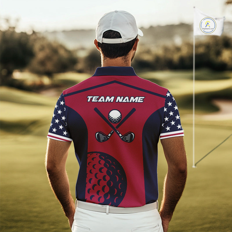 Personalized Red, white and blue US flag golf polo shirts custom patriotic golf attire