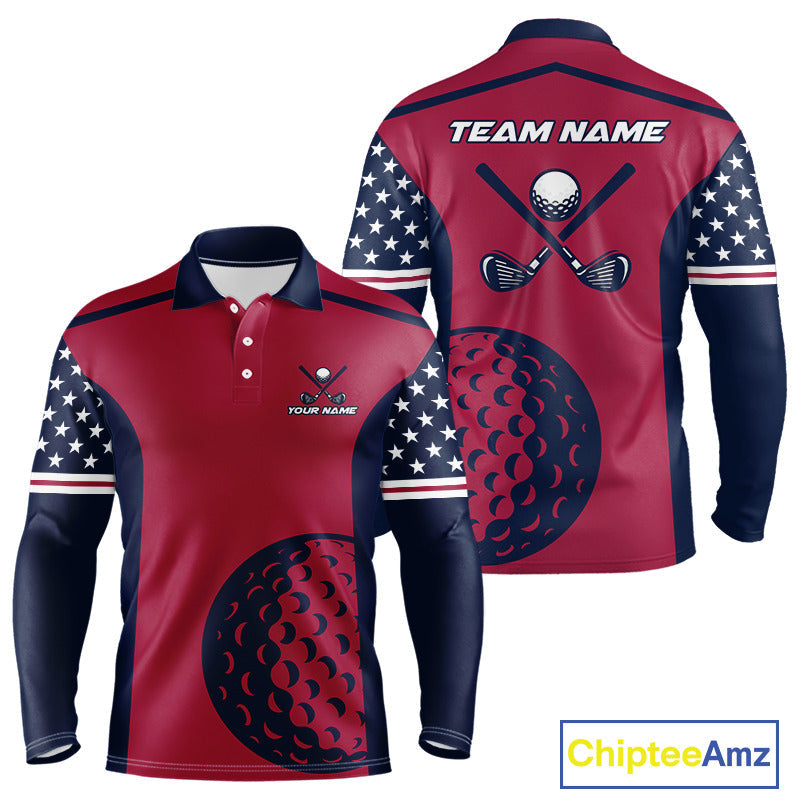 Personalized Red, white and blue US flag golf polo shirts custom patriotic golf attire