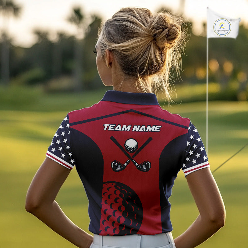 Personalized Red, white & blue US flag golf polo shirts custom patriotic golf attire